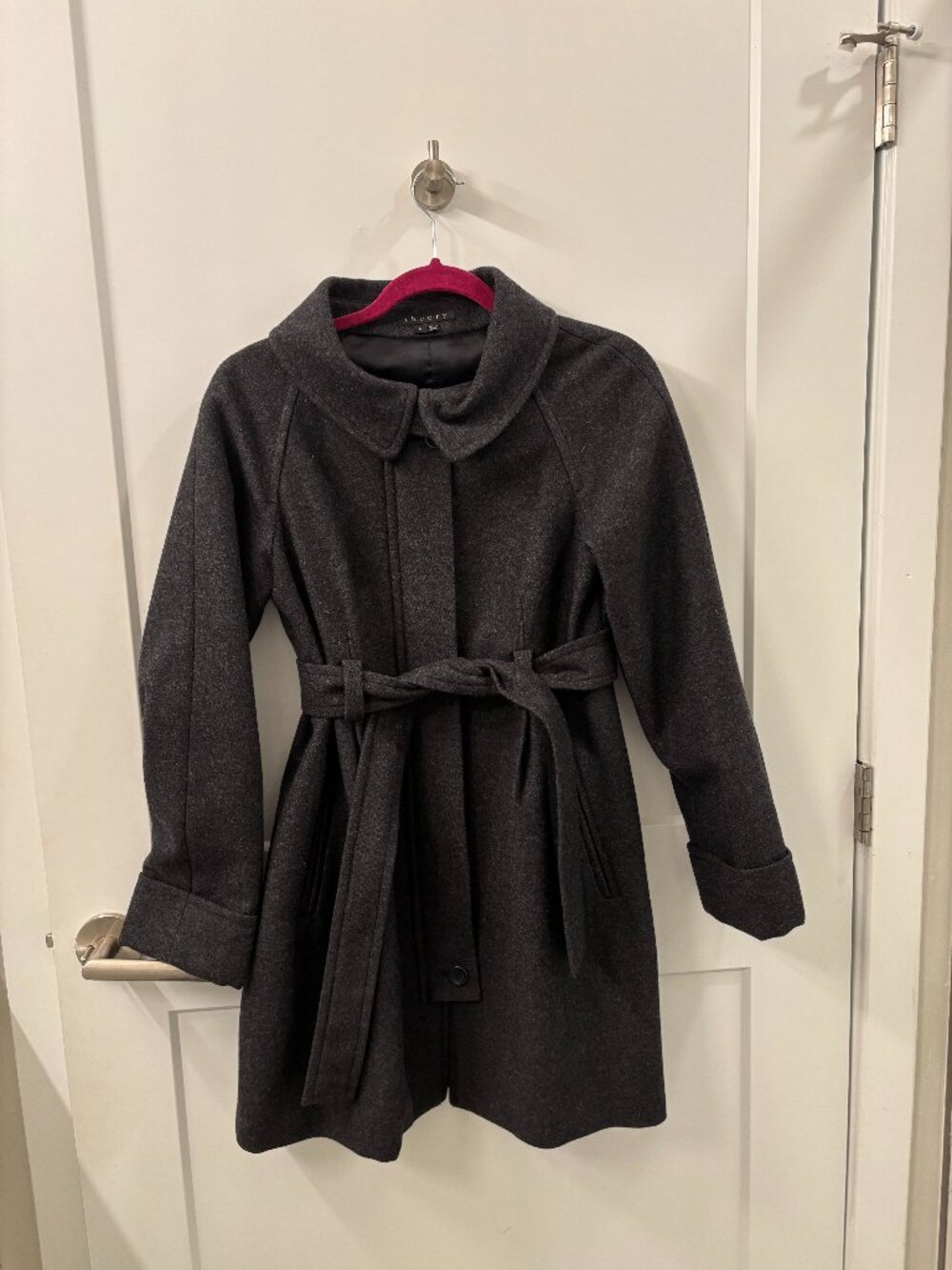 Theory Sarasa Charcoal Grey Wool-Blend Belted Trench Coat — Size Large